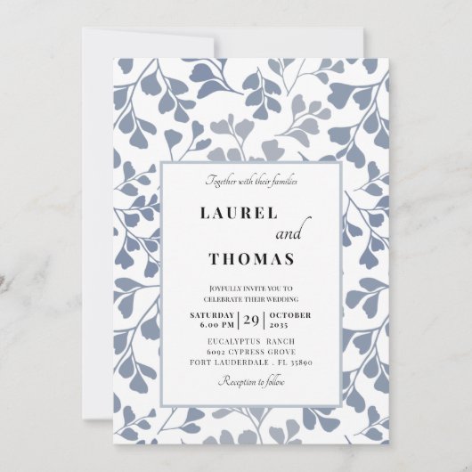 Boho Dusty Bleu Faire-part de mariage de feuille b (Devant)