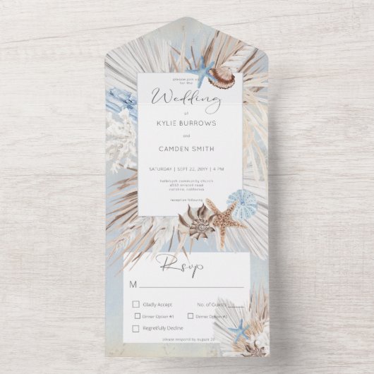 Boho Dusty Blue Beach Rustic Dinner All In One Uitnodiging (Binnen)
