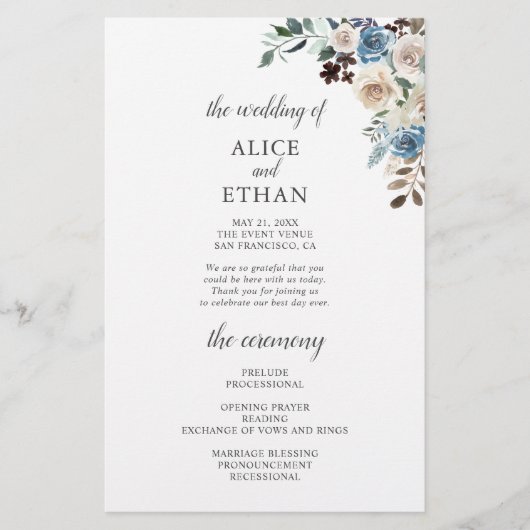 Boho Dusty Blue Beige Fleurs Programme de mariage (Devant)