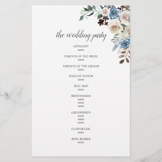 Boho Dusty Blue Beige Fleurs Programme de mariage (Dos)