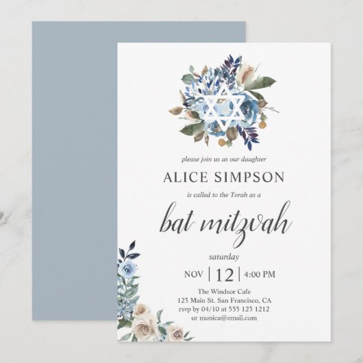 Boho Dusty Blue Beige Flowers Bat Mitzvah Kaart (Voorkant / Achterkant)
