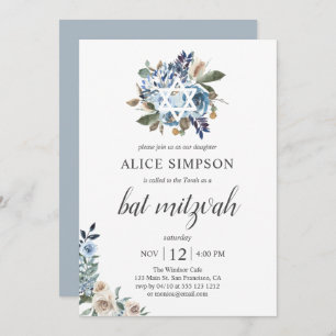 Boho Dusty Blue Beige Flowers Bat Mitzvah Kaart