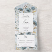 Boho Dusty Blue & Brown Floral Monogram Dinner All In One Uitnodiging (Binnen)