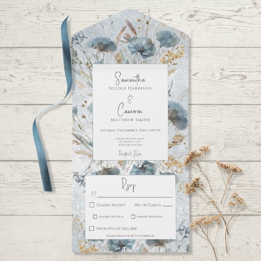 Boho Dusty Blue & Brown Floral Monogram Dinner All In One Uitnodiging