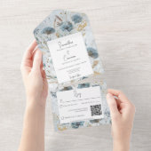 Boho Dusty Blue & Brown Floral Monogram QR Code All In One Uitnodiging (Afscheurbaar)