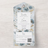 Boho Dusty Blue & Brown Floral Monogram QR Code All In One Uitnodiging (Binnen)