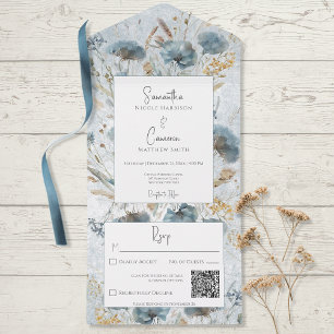 Boho Dusty Blue & Brown Floral Monogram QR Code All In One Uitnodiging