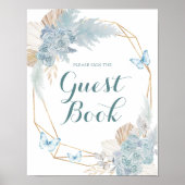 Boho Dusty Blue Butterfly Verjaardag Gastenboek Poster (Voorkant)