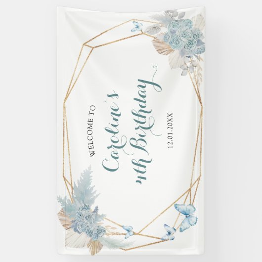 Boho Dusty Blue Butterfly Verjaardag Groot Spandoek (Verticaal)