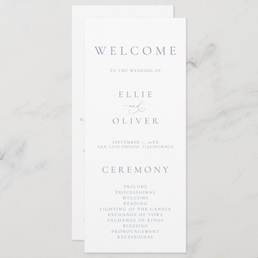 Boho Dusty Blue Elegant 1 minimalistische bruiloft Programma (Voorkant / Achterkant)