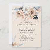Boho Dusty Blue en Beige Floral Wedding Invitatio Kaart (Voorkant)