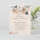 Boho Dusty Blue en Beige Floral Wedding Invitatio Kaart (Staand voorkant)