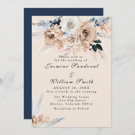Boho Dusty Blue en Beige Floral Wedding Invitatio Kaart (Voorkant / Achterkant)