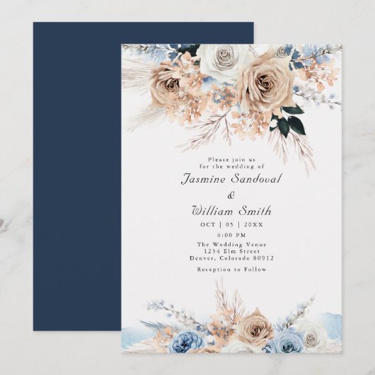 Boho Dusty Blue en Beige Floral Wedding Kaart (Voorkant / Achterkant)