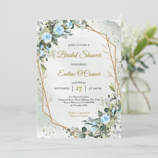 Boho dusty blue en eucalyptus en gouden lijst kaart (Staand voorkant)