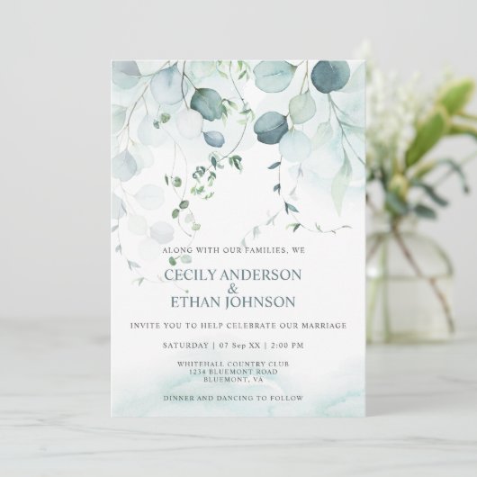 Boho Dusty Blue en Sage Green Eucalyptus Wedding Kaart (Staand voorkant)