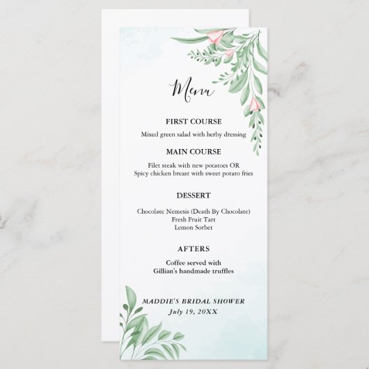 Boho Dusty Blue Eucalyptus Greenery Baby shower Menu (Voorkant / Achterkant)