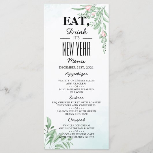 Boho Dusty Blue Eucalyptus Greenery Nieuwjaar Menu (Voorkant)