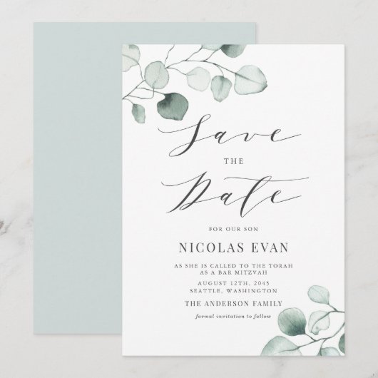 Boho Dusty Blue Eucalyptus Leaves Bar Mitzvah Save The Date (Voorkant / Achterkant)