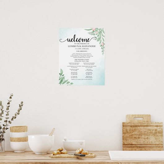 Boho Dusty Blue Eucalyptus Wedding Programme Poster (Keuken)