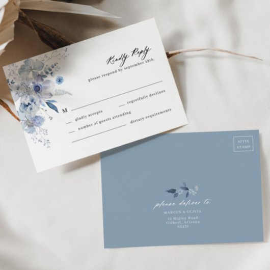 Boho Dusty Blue Fleur sauvage Wedding Carte RSVP