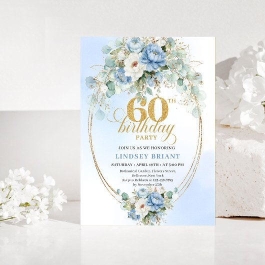 Boho Dusty Blue Floral 60th Birthday Invitation