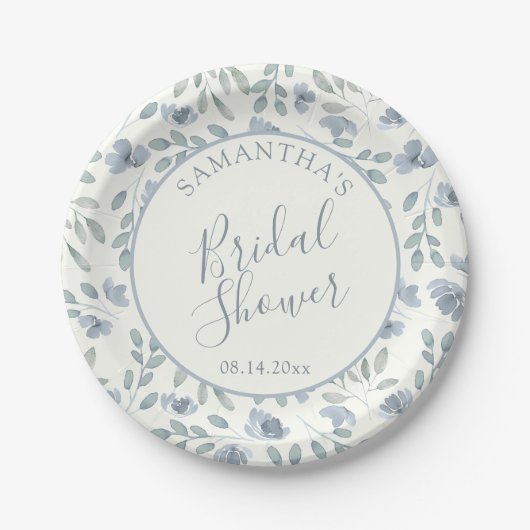 Boho Dusty Blue Floral Bridal Shower Papieren Bordje (Voorkant)