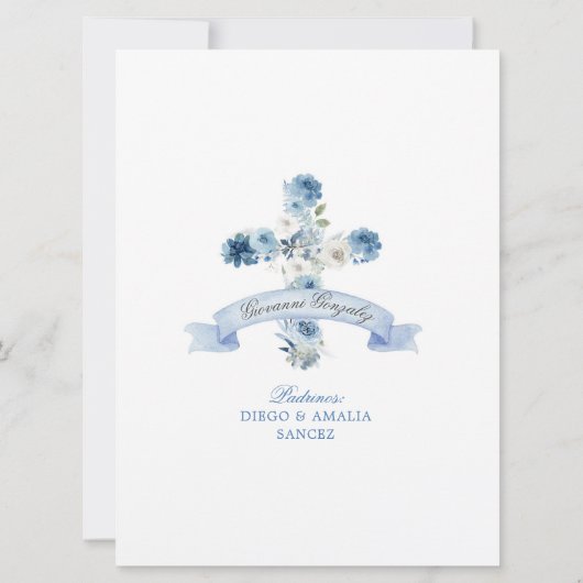 Boho Dusty Blue Floral Cross Baptême Invitation (Dos)