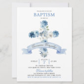 Boho Dusty Blue Floral Cross Baptême Invitation (Devant)