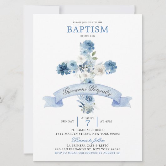 Boho Dusty Blue Floral Cross Baptême Invitation (Devant)