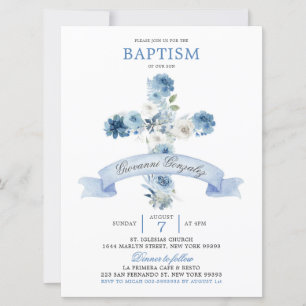 Boho Dusty Blue Floral Cross Baptême Invitation