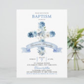 Boho Dusty Blue Floral Cross Baptism Invitation Kaart (Staand voorkant)