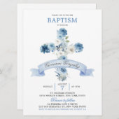 Boho Dusty Blue Floral Cross Baptism Invitation Kaart (Voorkant / Achterkant)