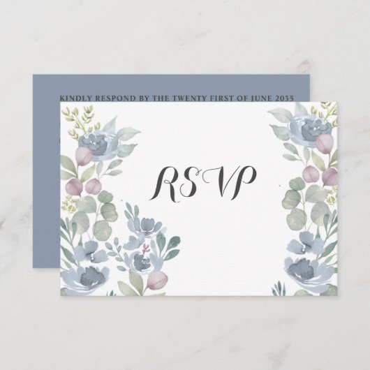 Boho Dusty Blue Floral Eucalyptus Mariage RSVP (Devant / Derrière)