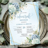 Boho Dusty Blue Floral Gold Frame Dinner Invite Kaart