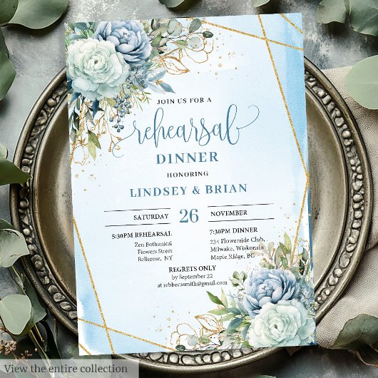 Boho Dusty Blue Floral Gold Frame Dinner Invite Kaart