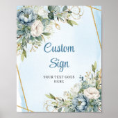Boho Dusty Blue Floral Gold Glitter Welcome Sign Poster (Voorkant)