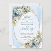 Boho Dusty Blue Floral Gold Wedding Invitation Kaart (Voorkant)