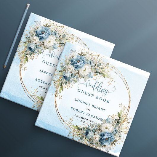 Boho Dusty Blue Floral Greenery Glitter Guest Book Gastenboek