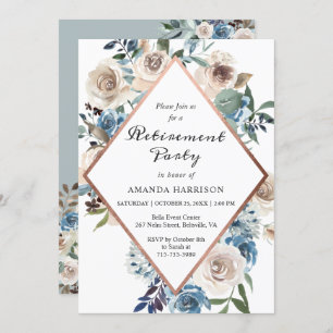 Boho Dusty Blue Floral Roos Gold Retirement Party Kaart