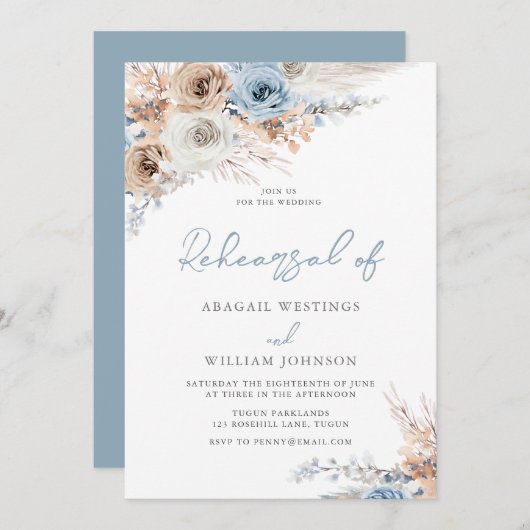Boho Dusty Blue Floral Wedding Rehearsal Dinner Kaart (Voorkant / Achterkant)