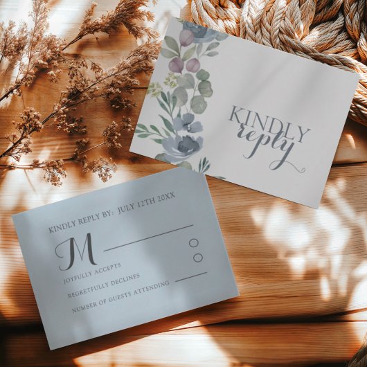 Boho Dusty Blue Floral Wedding RSVP Kaartje