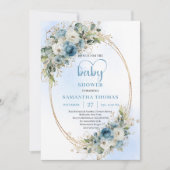 Boho Dusty Blue Flowers Gold Script Baby Shower Kaart (Voorkant)