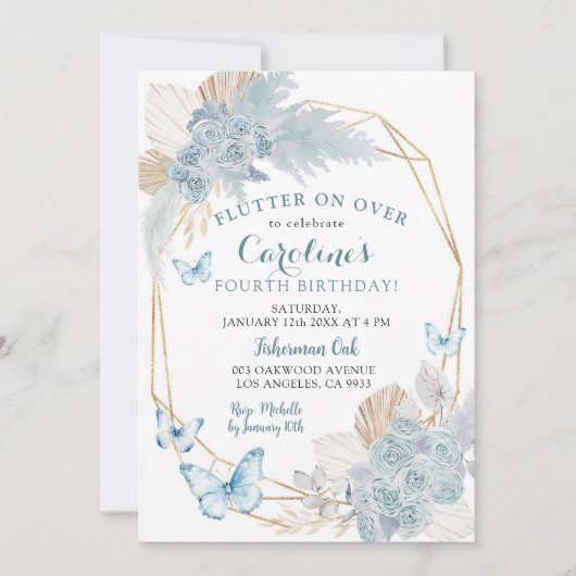 Boho Dusty Blue Flutter op Over Butterfly Verjaard Kaart (Voorkant)