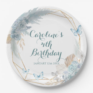 Boho Dusty Blue Flutter op Over Butterfly Verjaard Papieren Bordje