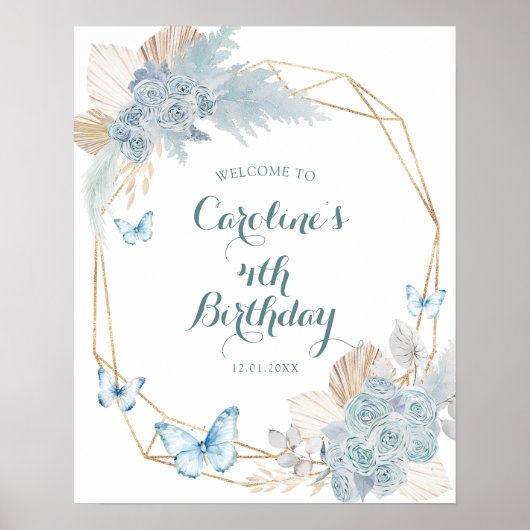 Boho Dusty Blue Flutter op Over Butterfly Welkom Poster (Voorkant)