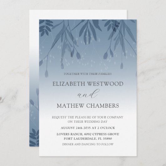 Boho Dusty Blue Foliage Wedding Invitatio Kaart (Voorkant / Achterkant)