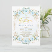 Boho Dusty Blue Gold Garden Floral Baptisme Kaart (Staand voorkant)