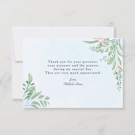 Boho Dusty Blue Greenery Baptism Foto Bedankkaart (Voorkant)