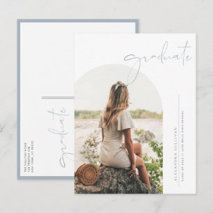 Boho Dusty Blue Minimalist Arch Foto Afstuderen Aankondigingskaart
